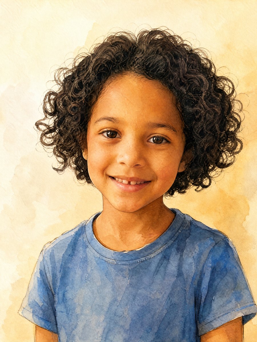 Sample child painted in a watercolour picture-book style